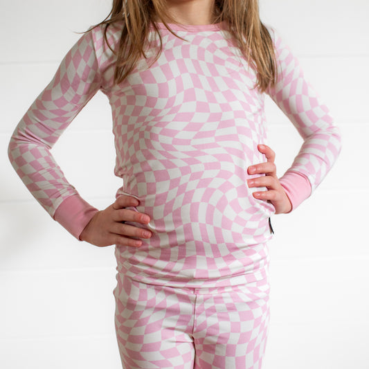 LONG SLEEVE 2 PIECE SETS- Pink Dizzy Check