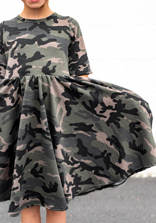 MID SLEEVE TWIRL DRESS- Dark Camo
