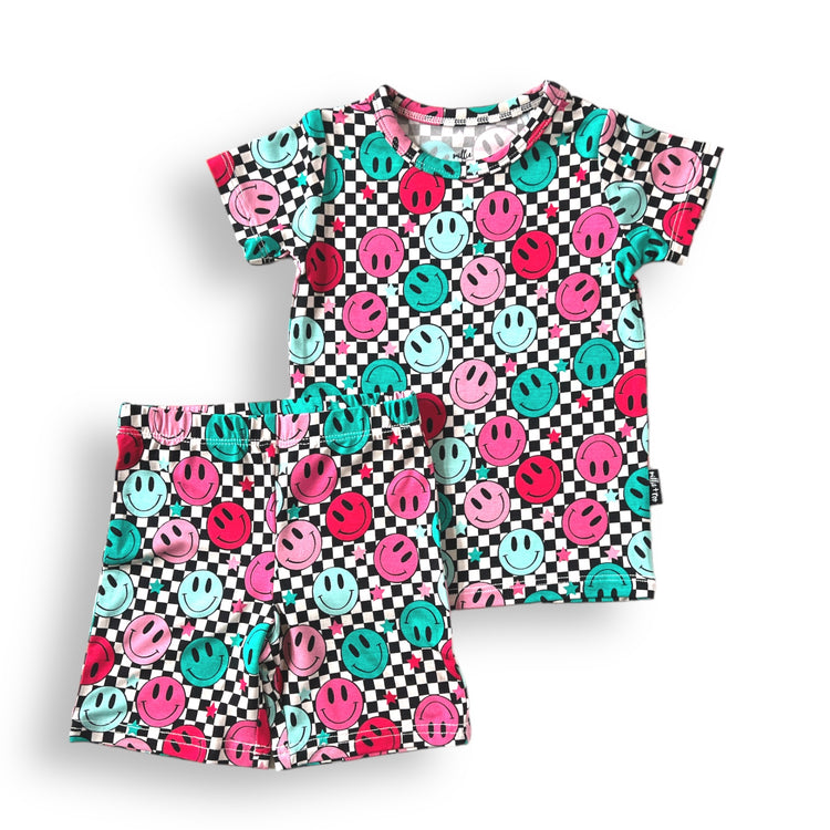 TWO PIECE SHORTIE SET- Pink Check Smile