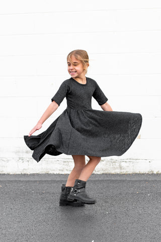 MID SLEEVE TWIRL DRESS- Black Cotton Slub