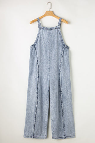 Raw Hem Light Wash Denim Wide Leg Overalls