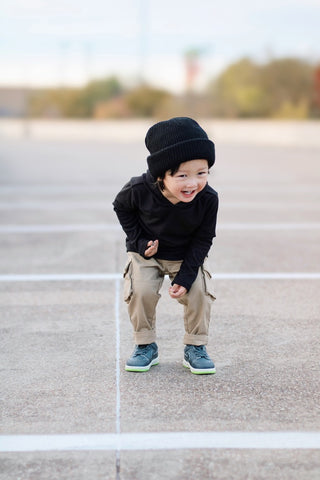 LONG SLEEVE HOODIE- Black Micro Rib