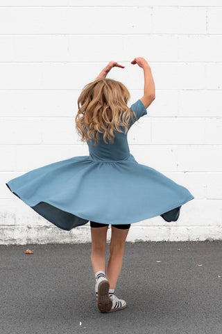 MID SLEEVE TWIRL DRESS- Slate Micro Rib