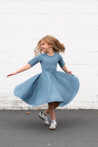 MID SLEEVE TWIRL DRESS- Slate Micro Rib