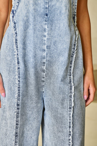 Raw Hem Light Wash Denim Wide Leg Overalls