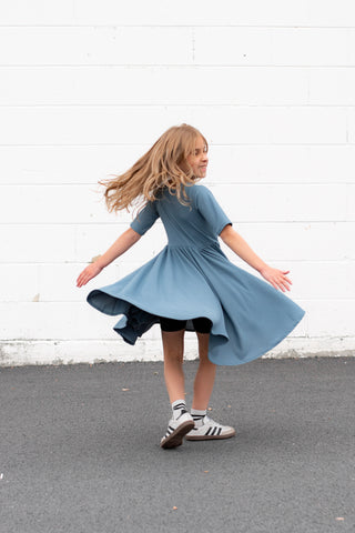 MID SLEEVE TWIRL DRESS- Slate Micro Rib