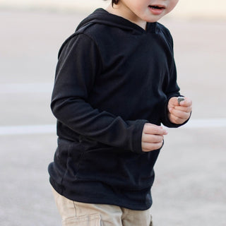 LONG SLEEVE HOODIE- Black Micro Rib