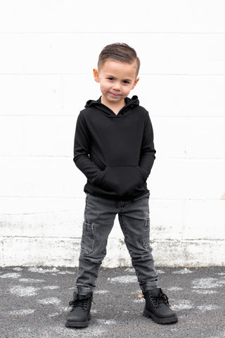 LONG SLEEVE HOODIE- Black Micro Rib