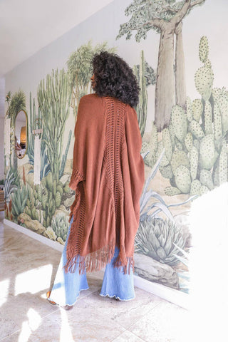 Brown Frayed Border Bohemian Ruana