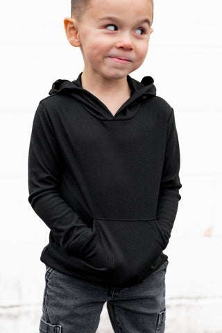 LONG SLEEVE HOODIE- Black Micro Rib