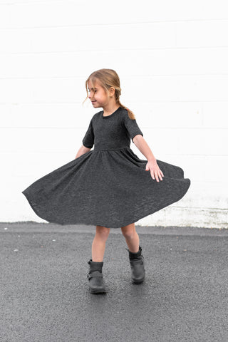 MID SLEEVE TWIRL DRESS- Black Cotton Slub