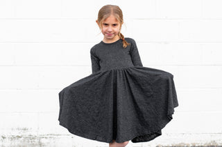 MID SLEEVE TWIRL DRESS- Black Cotton Slub