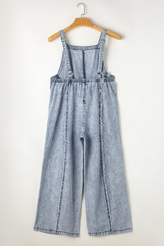 Raw Hem Light Wash Denim Wide Leg Overalls
