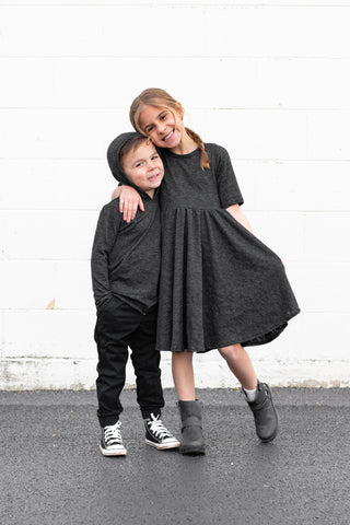 MID SLEEVE TWIRL DRESS- Black Cotton Slub