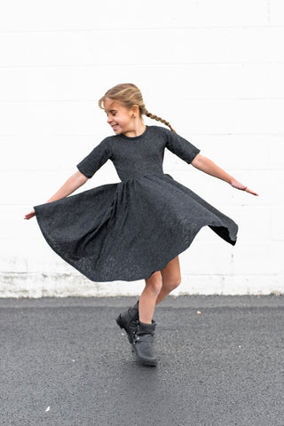 MID SLEEVE TWIRL DRESS- Black Cotton Slub