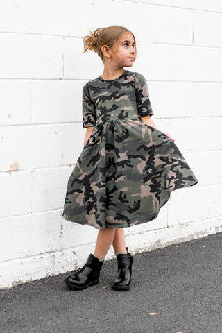 MID SLEEVE TWIRL DRESS- Dark Camo