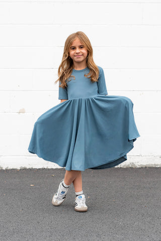 MID SLEEVE TWIRL DRESS- Slate Micro Rib