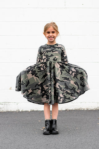 MID SLEEVE TWIRL DRESS- Dark Camo