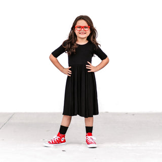 MID SLEEVE TWIRL DRESS- Black Micro Rib