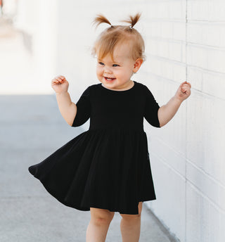 MID SLEEVE TWIRL DRESS- Black Micro Rib