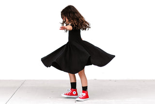 MID SLEEVE TWIRL DRESS- Black Micro Rib