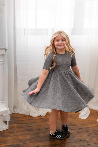 MID SLEEVE TWIRL DRESS- Grey Slub French Terry