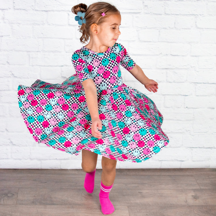 MID SLEEVE TWIRL DRESS- Pink Smile Check