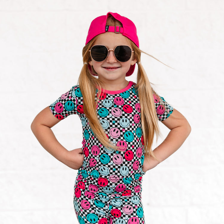BAMBOO SHORT SLEEVE 2 PIECE SETS - Pink Check Smile