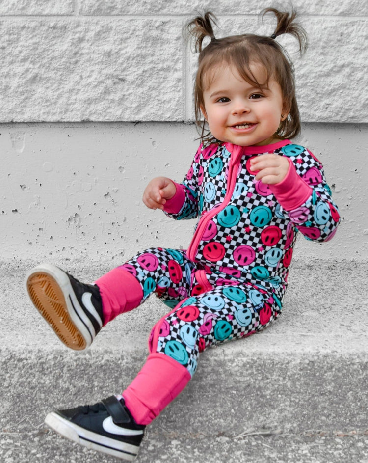 ZIP ROMPER BAMBOO - Pink Check Smile