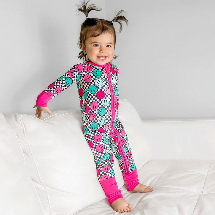 ZIP ROMPER BAMBOO - Pink Check Smile