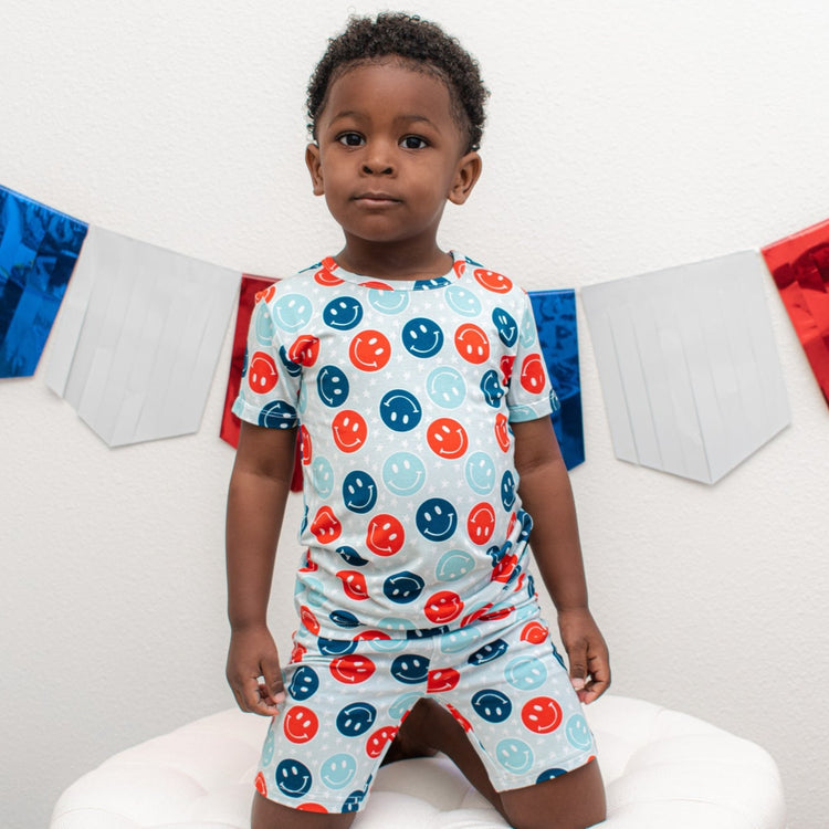 TWO PIECE SHORTIE SET-  Red White + Blue Smiles Bamboo