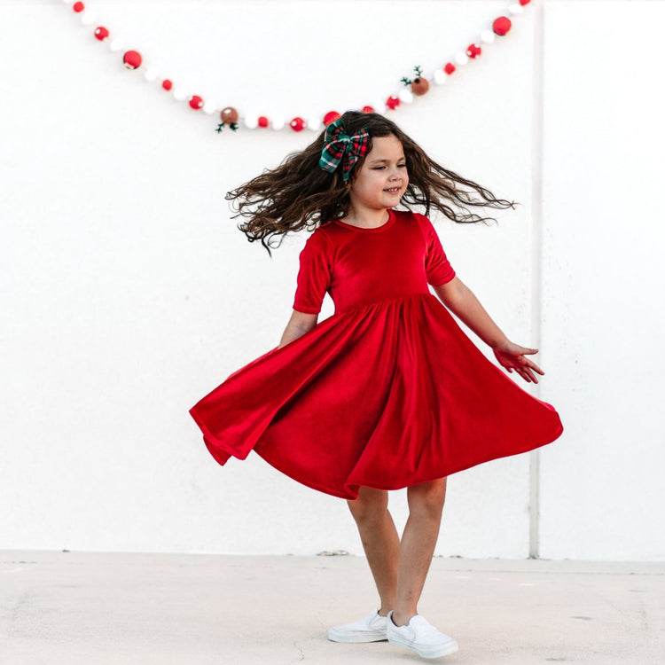 DRESS MID SLEEVE- Ruby Red Stretch Velvet Twirl Dress