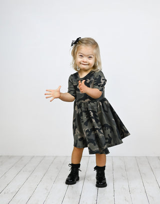MID SLEEVE TWIRL DRESS- Dark Camo