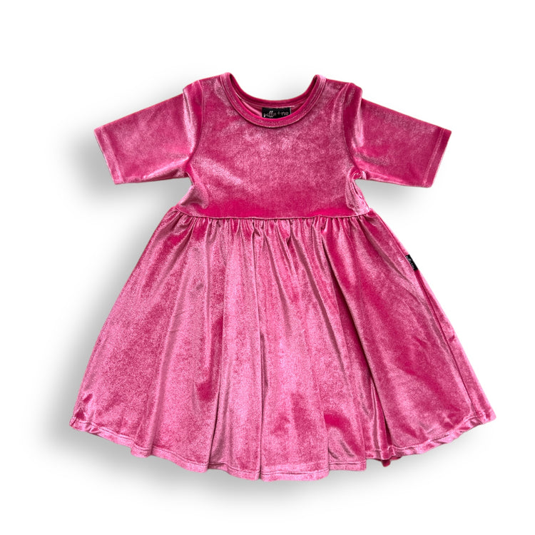 MID SLEEVE- Pink Opal (Hot Pink) Stretch Velvet Twirl Dress