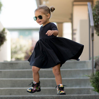 DRESS MID SLEEVE- Little Black Twirl Dress | millie + roo.